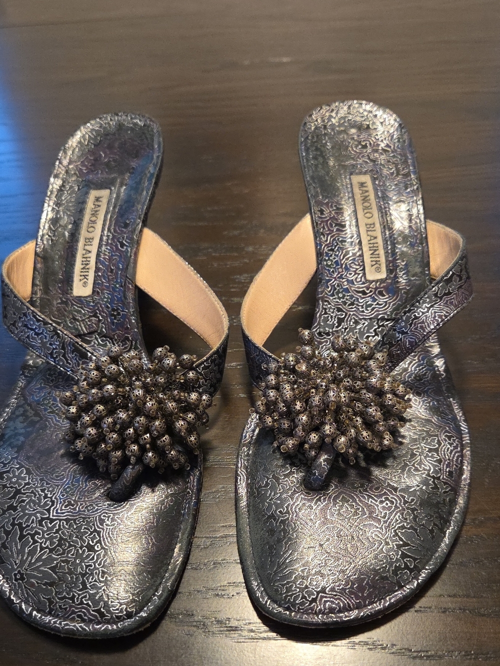 Manolo Blahnik Iridescent Metallic Beaded Thong Mules - Silver Black